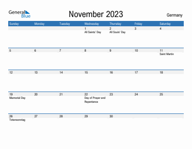 Current month calendar with Germany holidays for November 2023