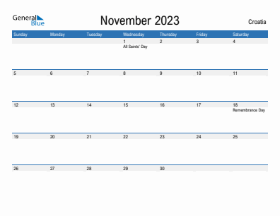 Current month calendar with Croatia holidays for November 2023