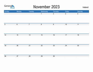 Current month calendar with Ireland holidays for November 2023