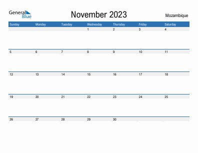 Current month calendar with Mozambique holidays for November 2023