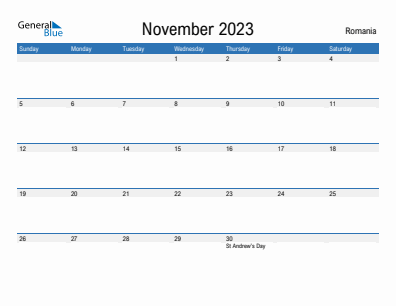 Current month calendar with Romania holidays for November 2023