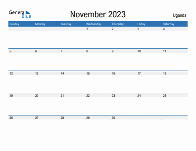 Current month calendar with Uganda holidays for November 2023