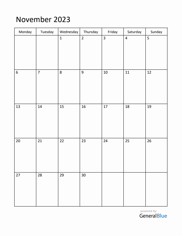 Monday Start Calendar for November 2023