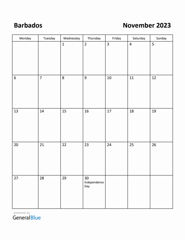 November 2023 Calendar with Barbados Holidays