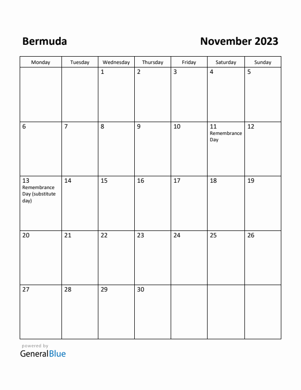 November 2023 Calendar with Bermuda Holidays