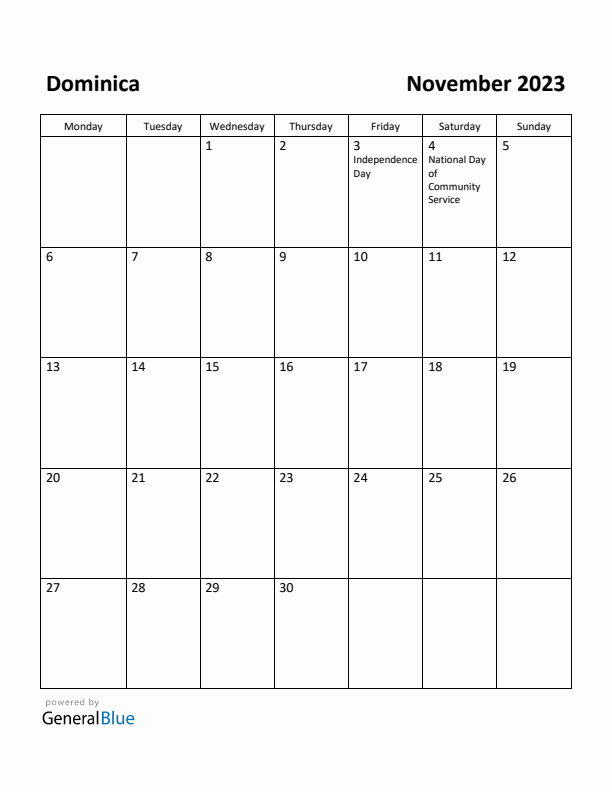 November 2023 Calendar with Dominica Holidays
