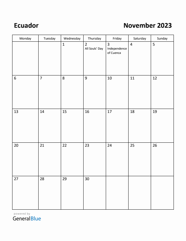 November 2023 Calendar with Ecuador Holidays