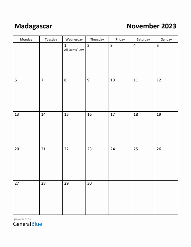 November 2023 Calendar with Madagascar Holidays