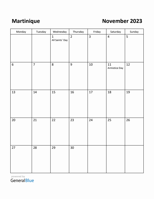 November 2023 Calendar with Martinique Holidays