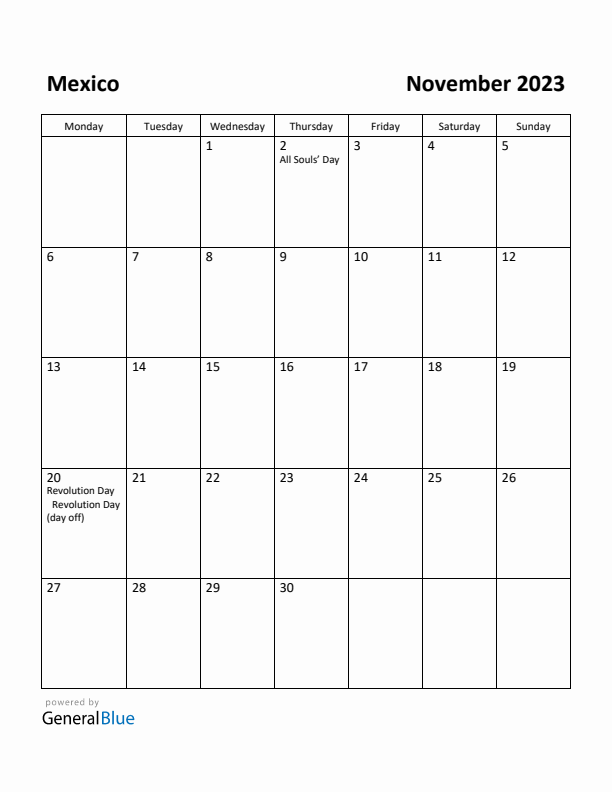 November 2023 Calendar with Mexico Holidays