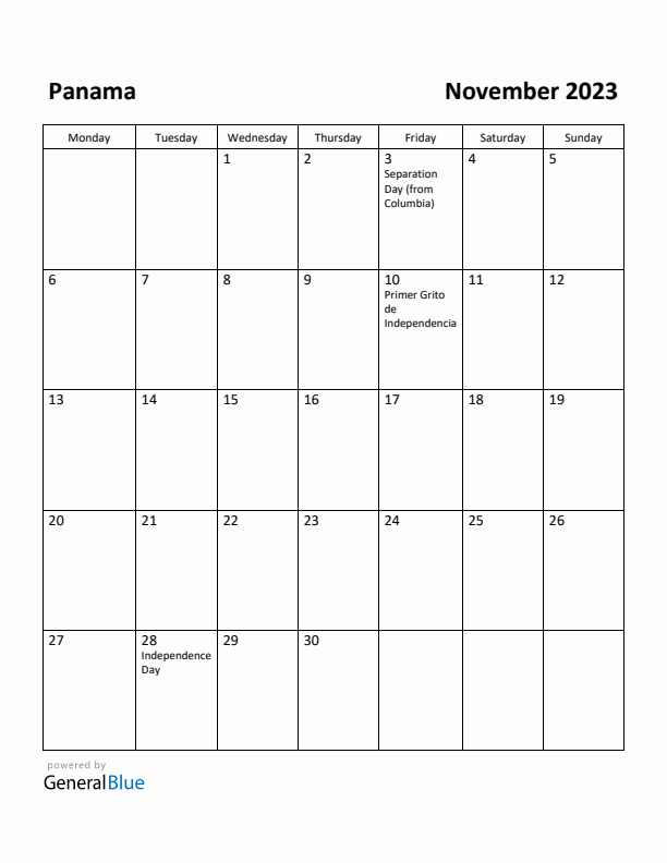 November 2023 Calendar with Panama Holidays
