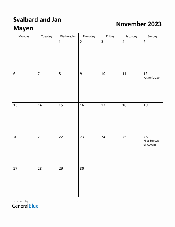 November 2023 Calendar with Svalbard and Jan Mayen Holidays