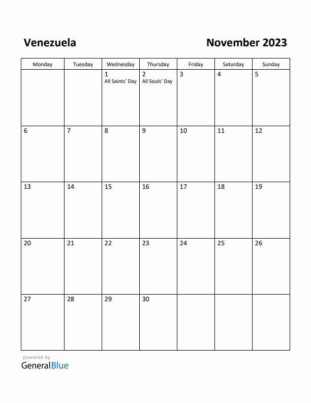 November 2023 Calendar with Venezuela Holidays