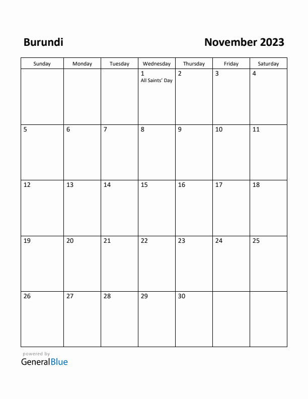November 2023 Calendar with Burundi Holidays