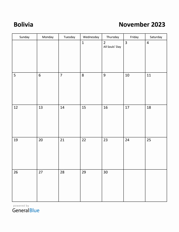 November 2023 Calendar with Bolivia Holidays