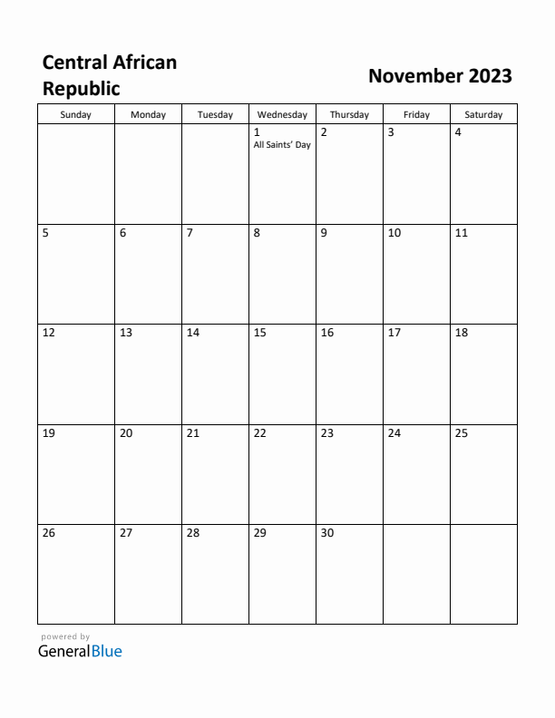 November 2023 Calendar with Central African Republic Holidays
