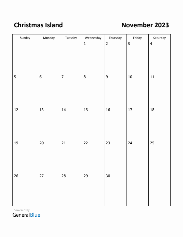 November 2023 Calendar with Christmas Island Holidays