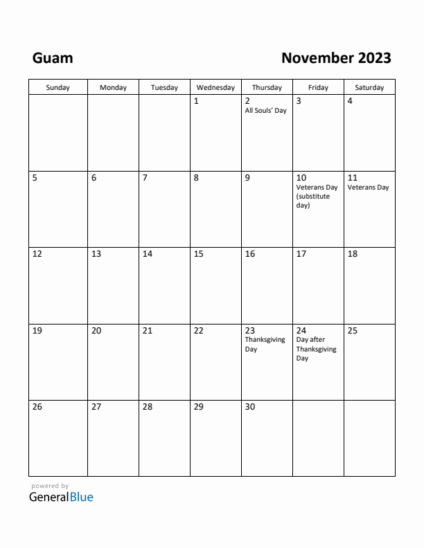 November 2023 Calendar with Guam Holidays