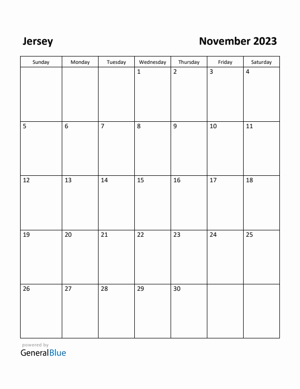 November 2023 Calendar with Jersey Holidays