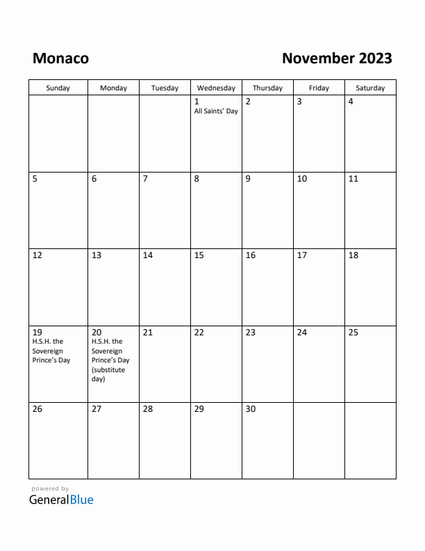 November 2023 Calendar with Monaco Holidays