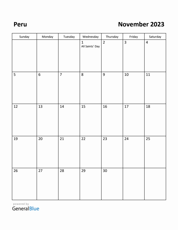 November 2023 Calendar with Peru Holidays
