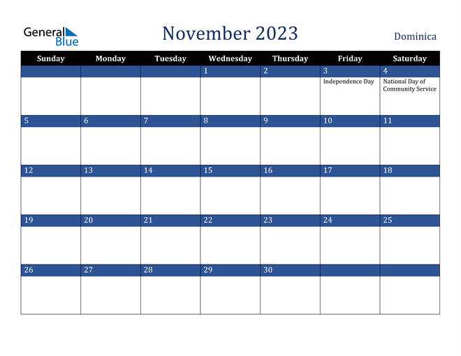 November 2023 Dominica Calendar