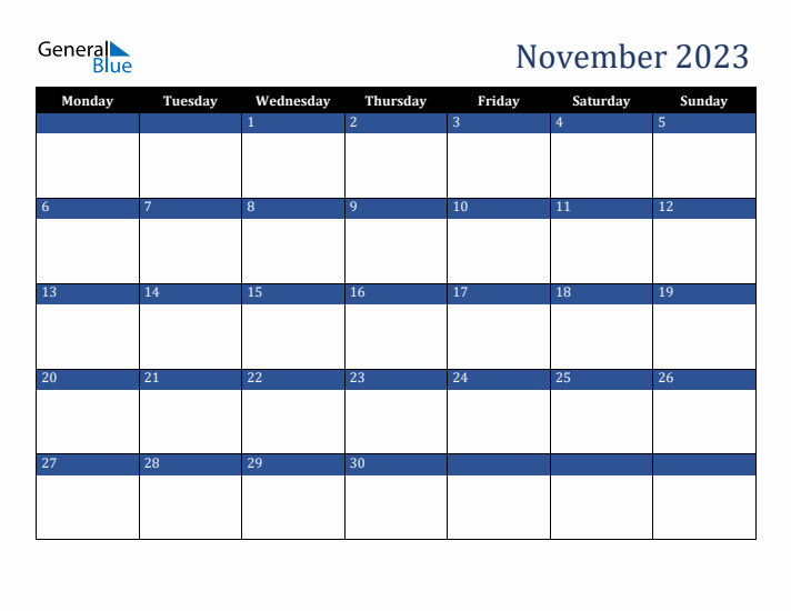 Monday Start Calendar for November 2023