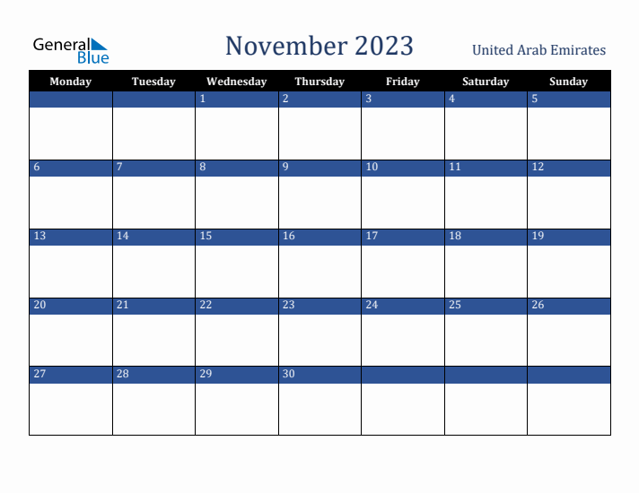 November 2023 United Arab Emirates Calendar (Monday Start)
