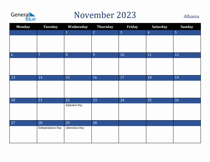 November 2023 Albania Calendar (Monday Start)