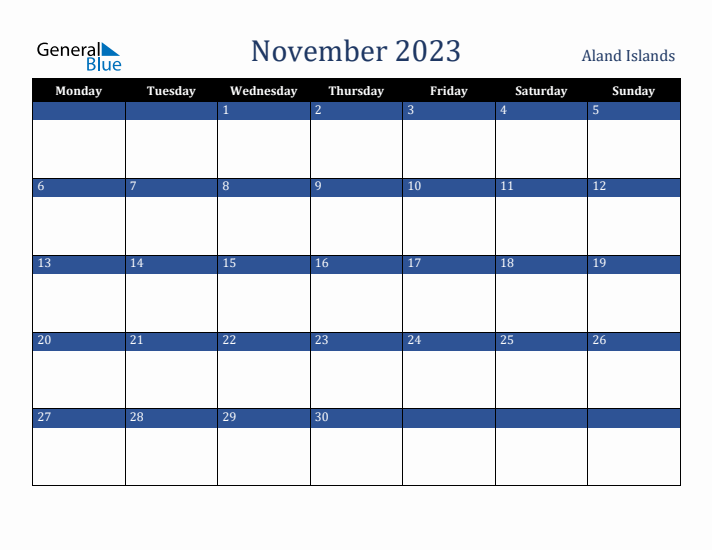 November 2023 Aland Islands Calendar (Monday Start)