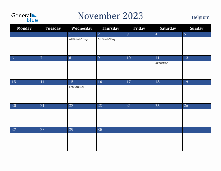 November 2023 Belgium Calendar (Monday Start)