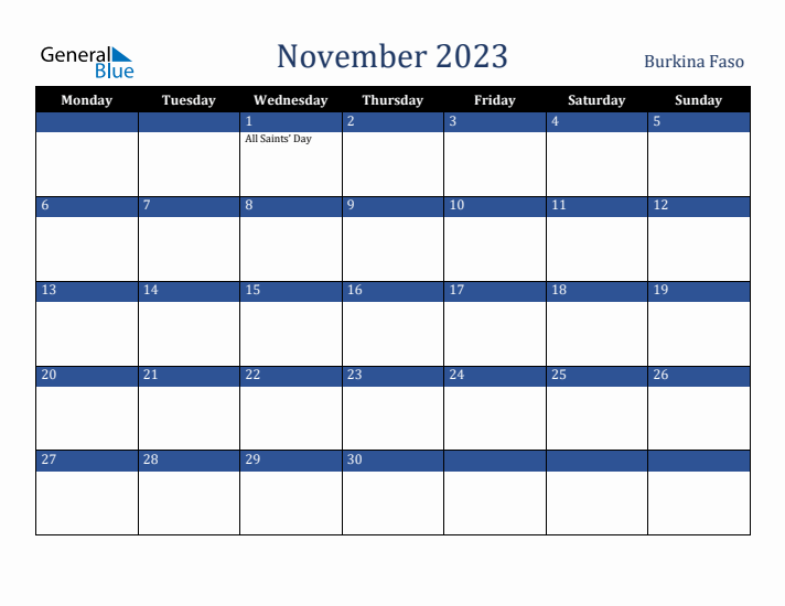November 2023 Burkina Faso Calendar (Monday Start)