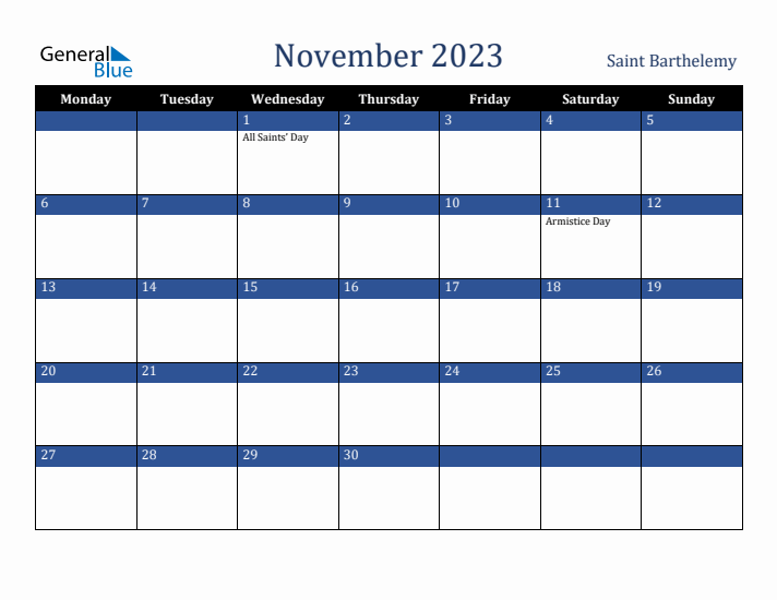 November 2023 Saint Barthelemy Calendar (Monday Start)