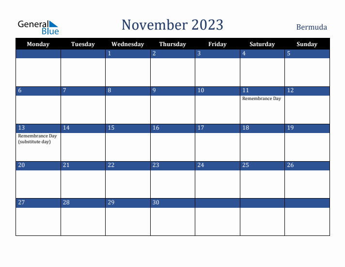 November 2023 Bermuda Calendar (Monday Start)