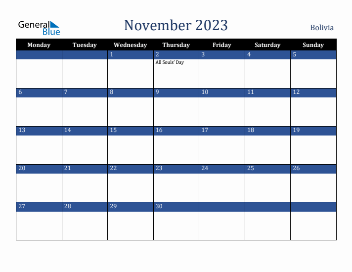 November 2023 Bolivia Calendar (Monday Start)