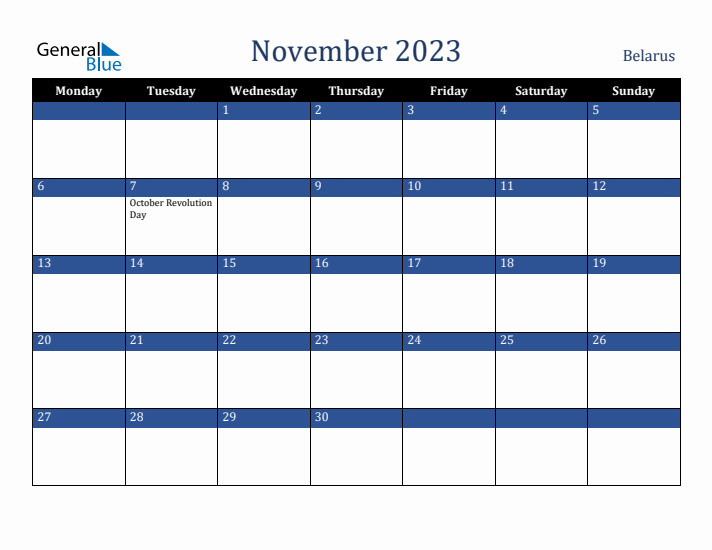 November 2023 Belarus Calendar (Monday Start)