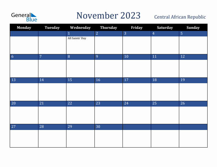 November 2023 Central African Republic Calendar (Monday Start)