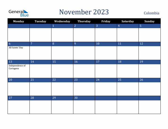 November 2023 Colombia Calendar (Monday Start)