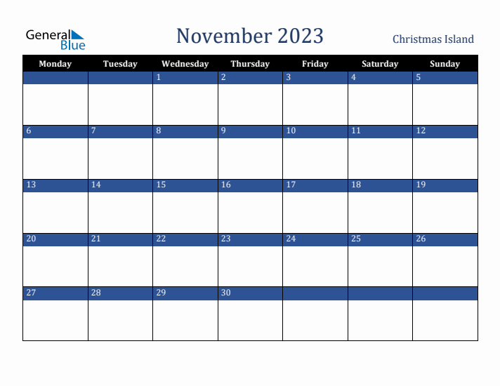 November 2023 Christmas Island Calendar (Monday Start)