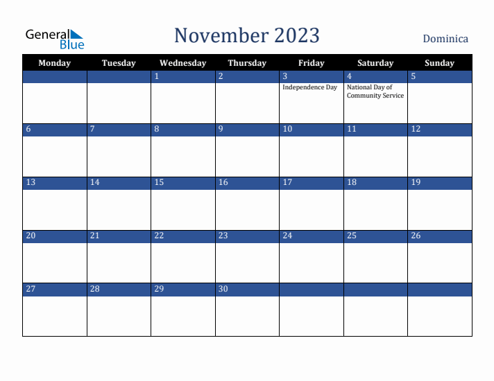 November 2023 Dominica Calendar (Monday Start)