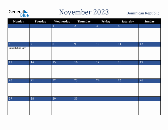 November 2023 Dominican Republic Calendar (Monday Start)