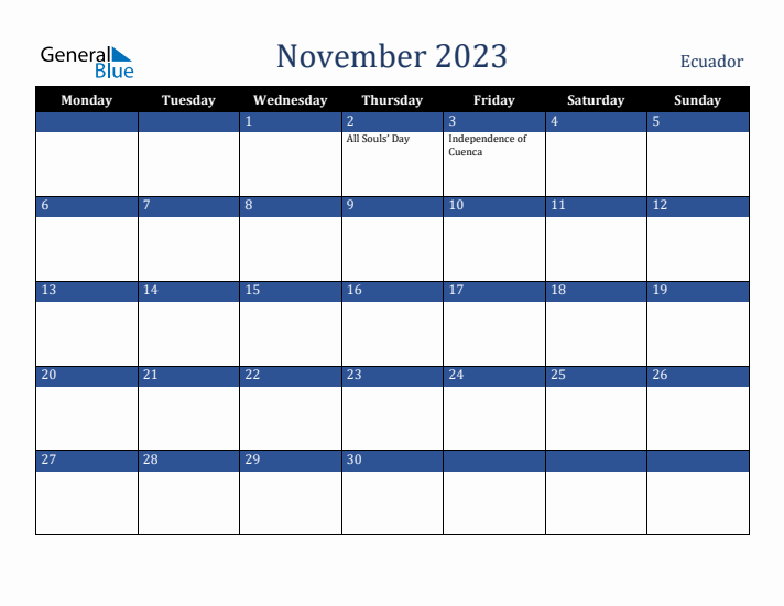 November 2023 Ecuador Calendar (Monday Start)