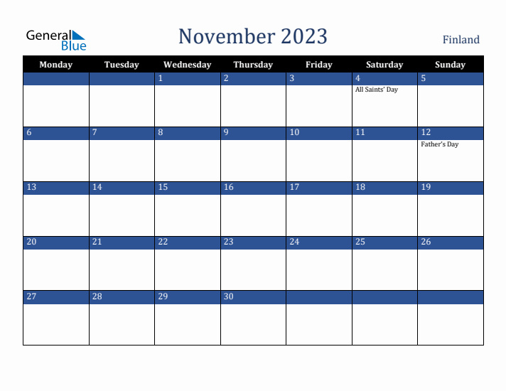 November 2023 Finland Calendar (Monday Start)