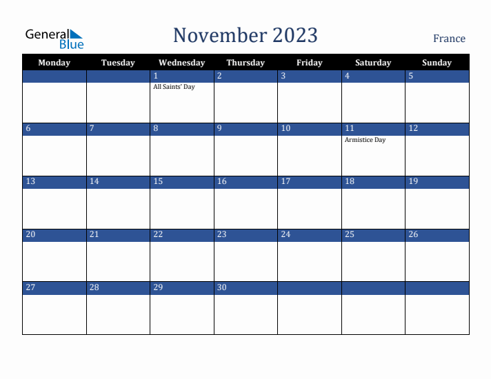 November 2023 France Calendar (Monday Start)