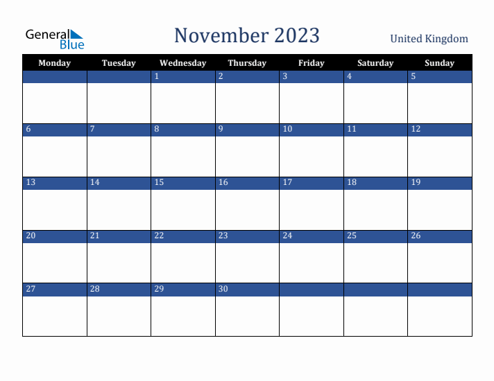 November 2023 United Kingdom Calendar (Monday Start)
