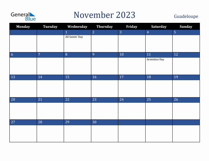 November 2023 Guadeloupe Calendar (Monday Start)
