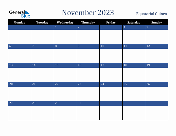 November 2023 Equatorial Guinea Calendar (Monday Start)