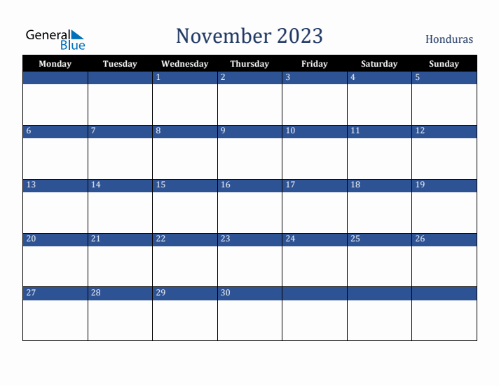 November 2023 Honduras Calendar (Monday Start)