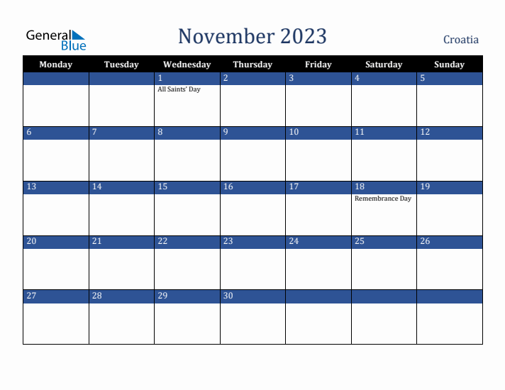 November 2023 Croatia Calendar (Monday Start)