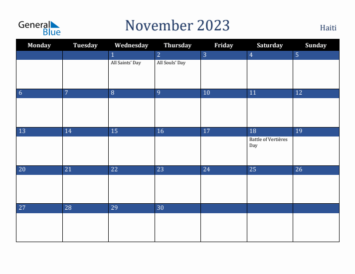 November 2023 Haiti Calendar (Monday Start)